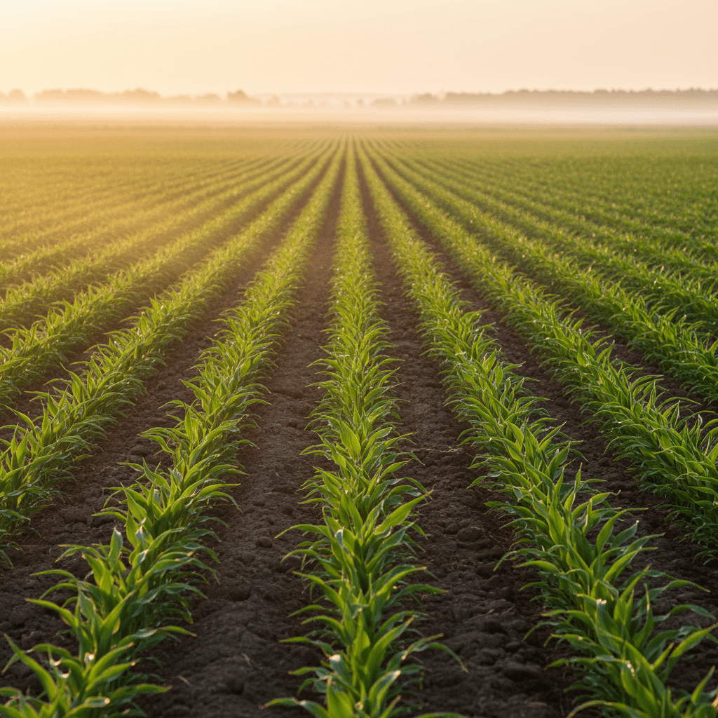Healthy crop rows at sunrise in Box Elder County farmland