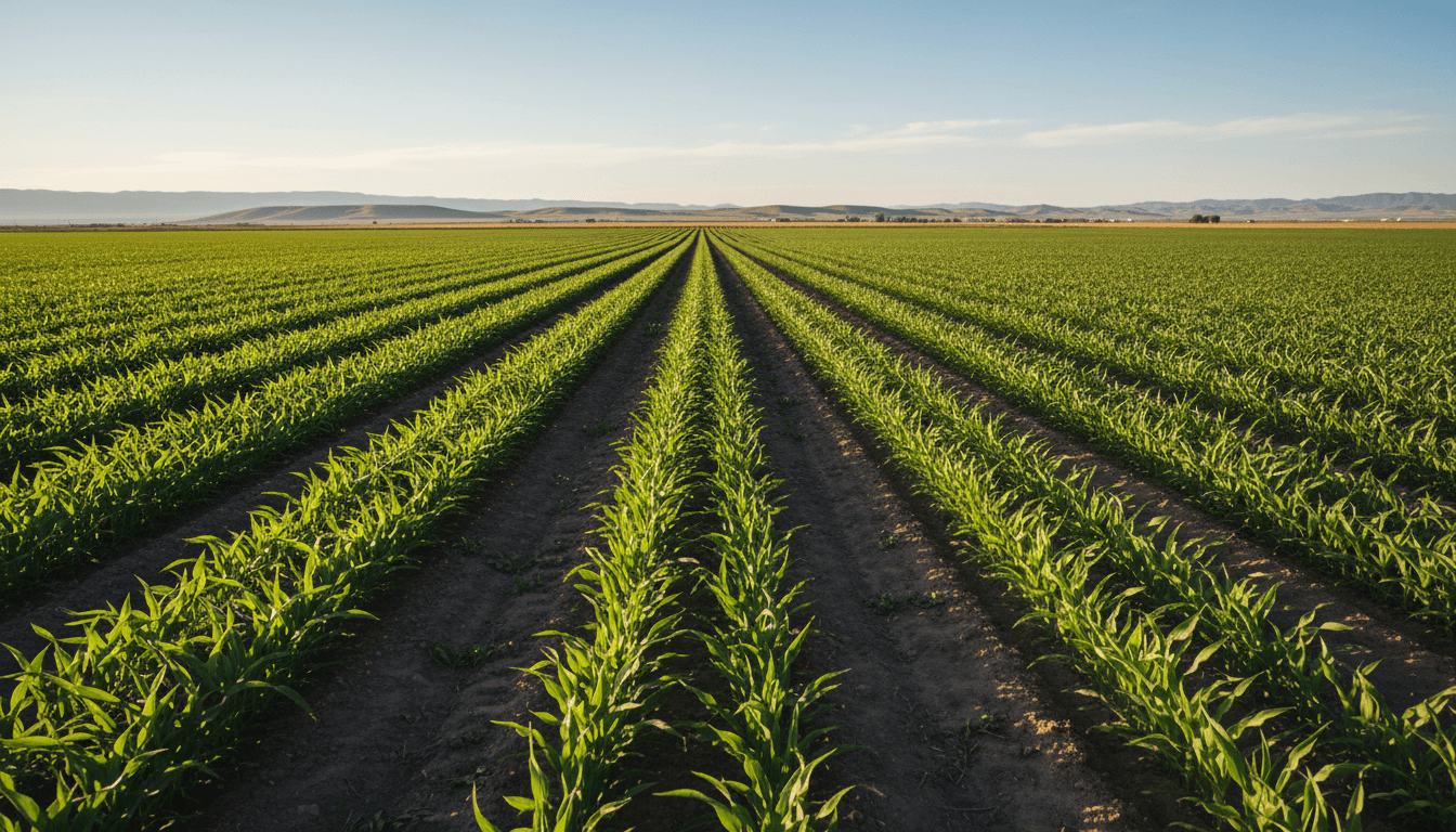 Expansive farmland with healthy crop rows in Box Elder County at golden hour