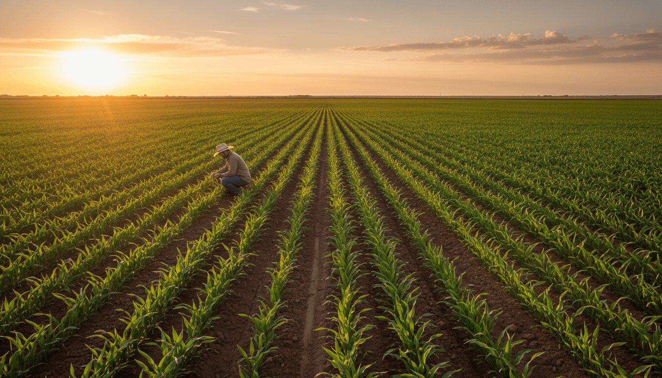 Farmer working in a thriving crop field during golden hour in Box Elder County, Utah