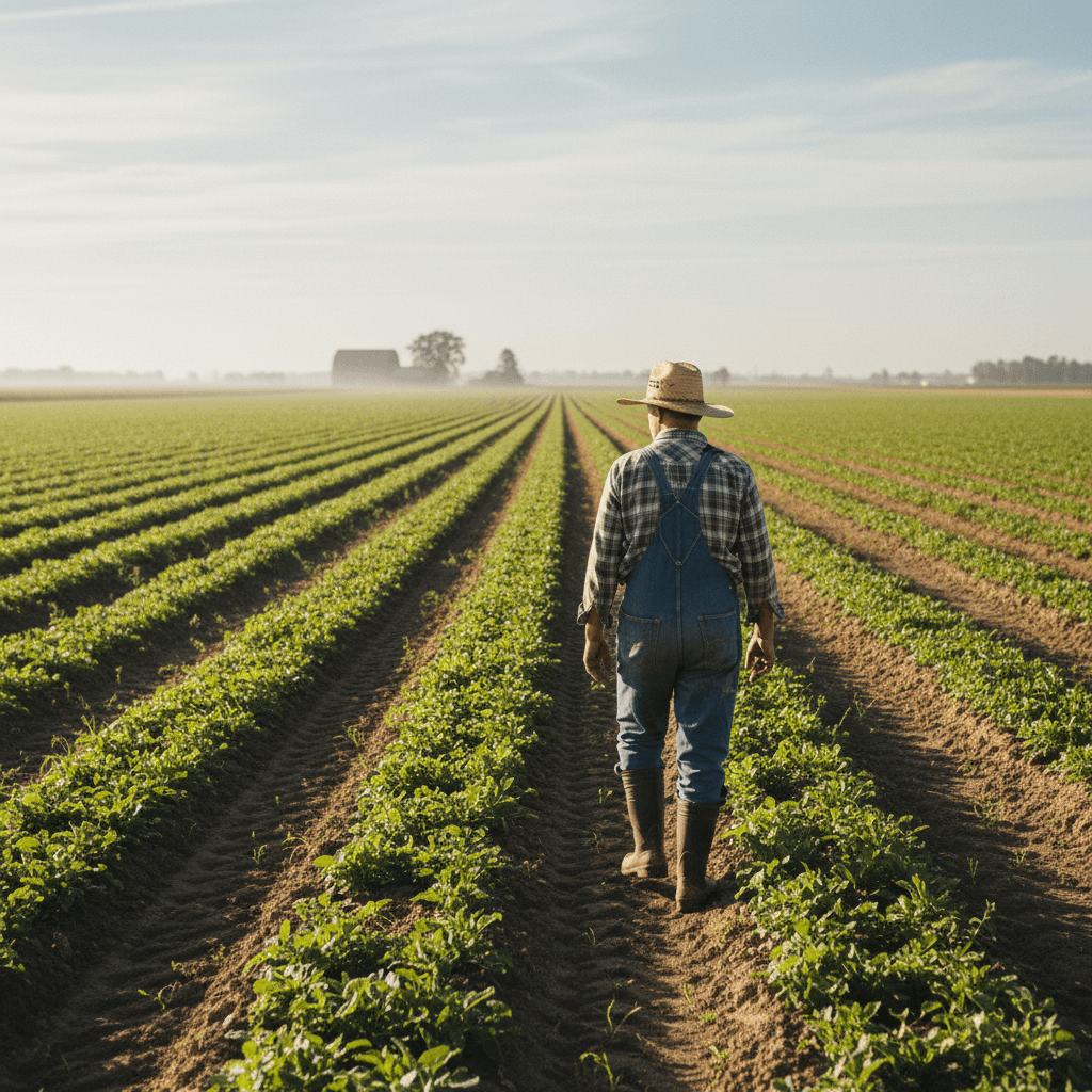 Farm manager walking through crop fields during growing season