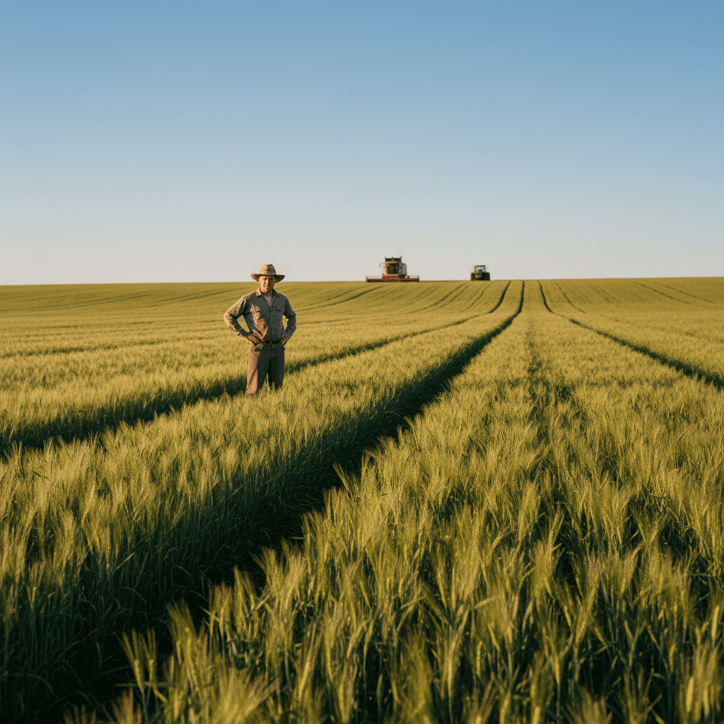 Farmer inspecting grain crops in Box Elder County field