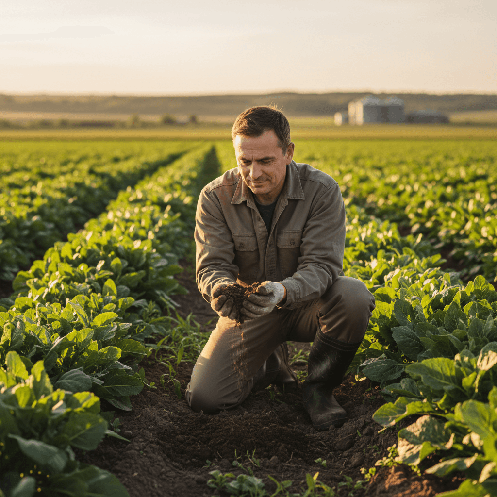 Farmer examining soil health in growing field
