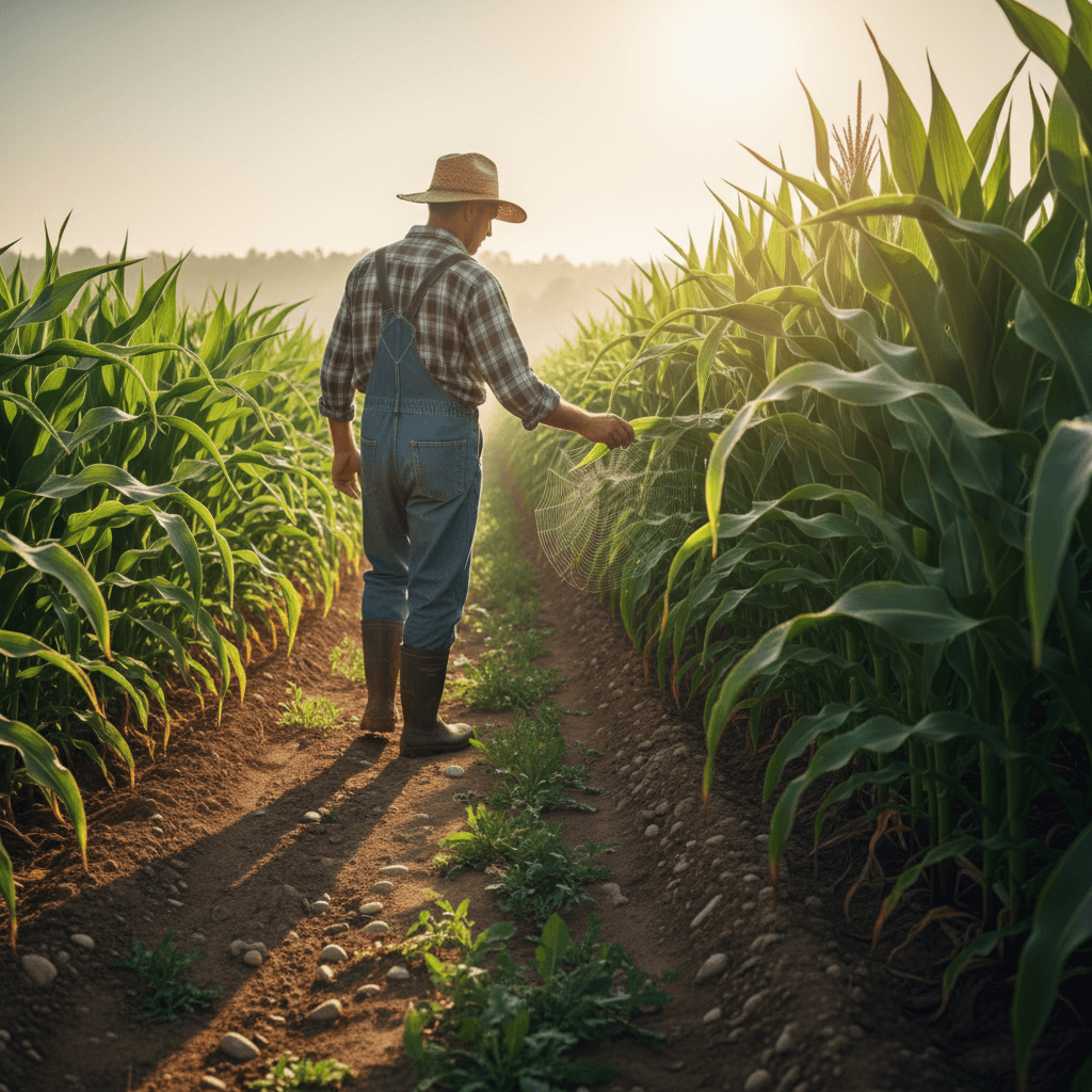 Farmer inspecting crop rows in sustainable field
