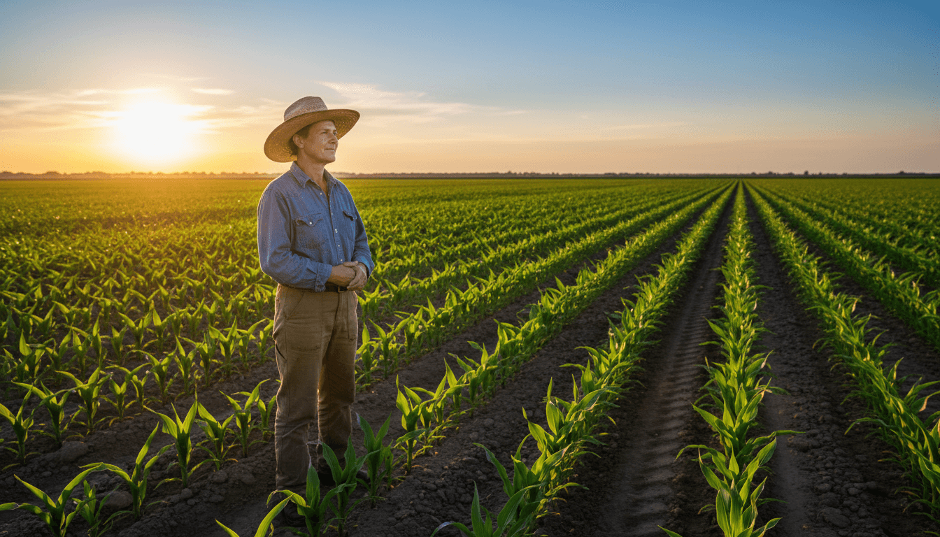Farmer surveying sustainable cropland at sunrise in Box Elder County