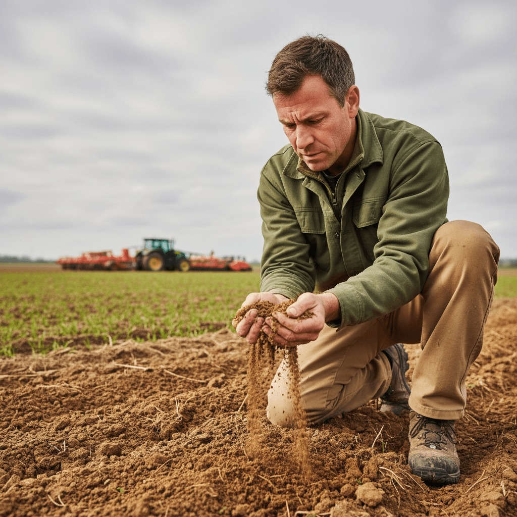 Farmland manager examining soil quality and composition